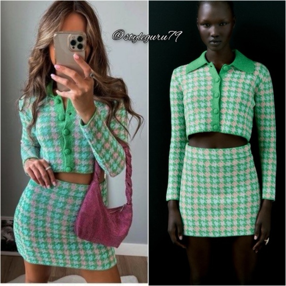 Zara green pink houndstooth plaid coord knit sweater set S